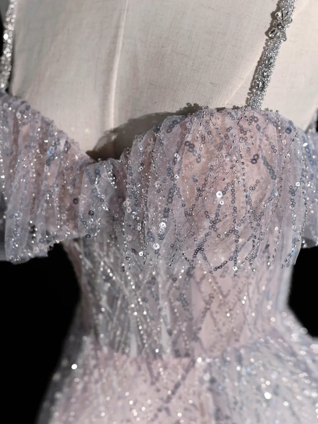 Princess Ball Gown Spaghetti Strap Dusty Blue Sequin Spring Inspiration Long Prom Dresses N1237