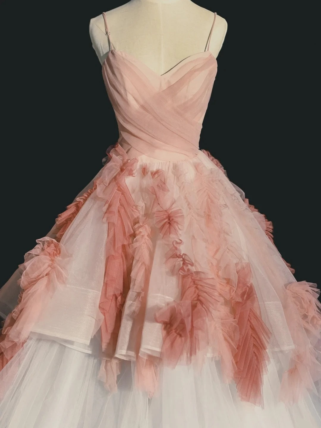Elegant Ball Gown Spaghetti Strap Pink Tulle Inspiration Long Prom Dresses N1233