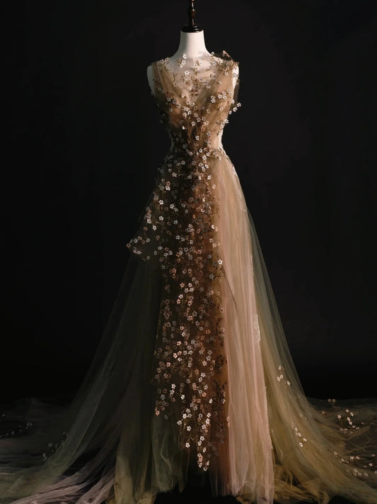 Modest A line V Neck Tulle With Flowers College Formal Outfits Long Prom Inspo Graduation Dresses N1238