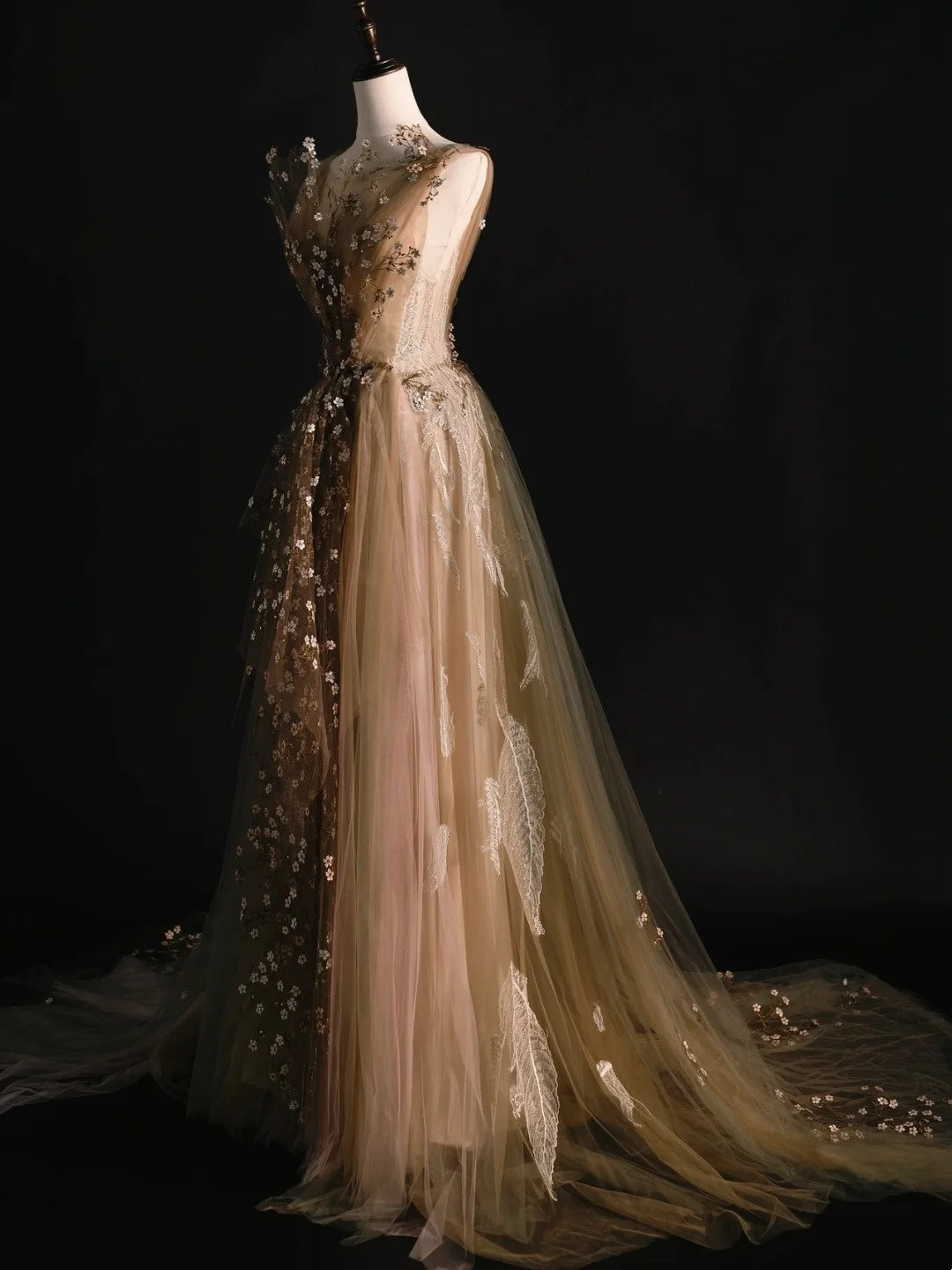Modest A line V Neck Tulle With Flowers College Formal Outfits Long Prom Inspo Graduation Dresses N1238