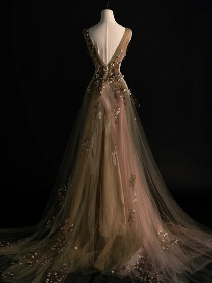 Modest A line V Neck Tulle With Flowers College Formal Outfits Long Prom Inspo Graduation Dresses N1238