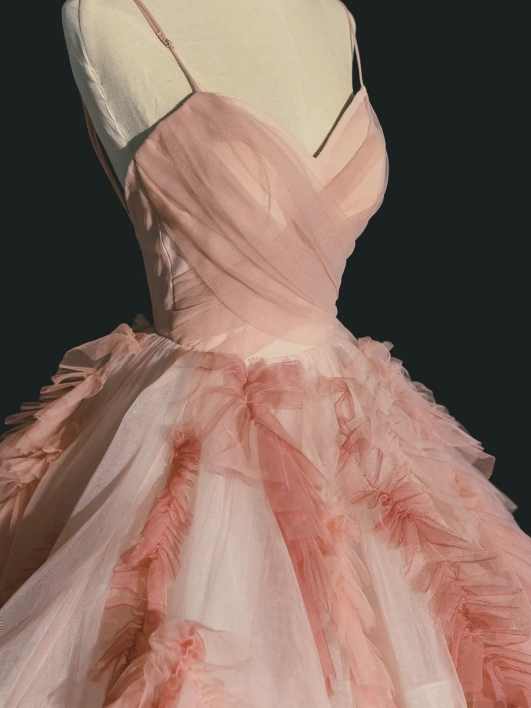 Elegant Ball Gown Spaghetti Strap Pink Tulle Inspiration Long Prom Dresses N1233