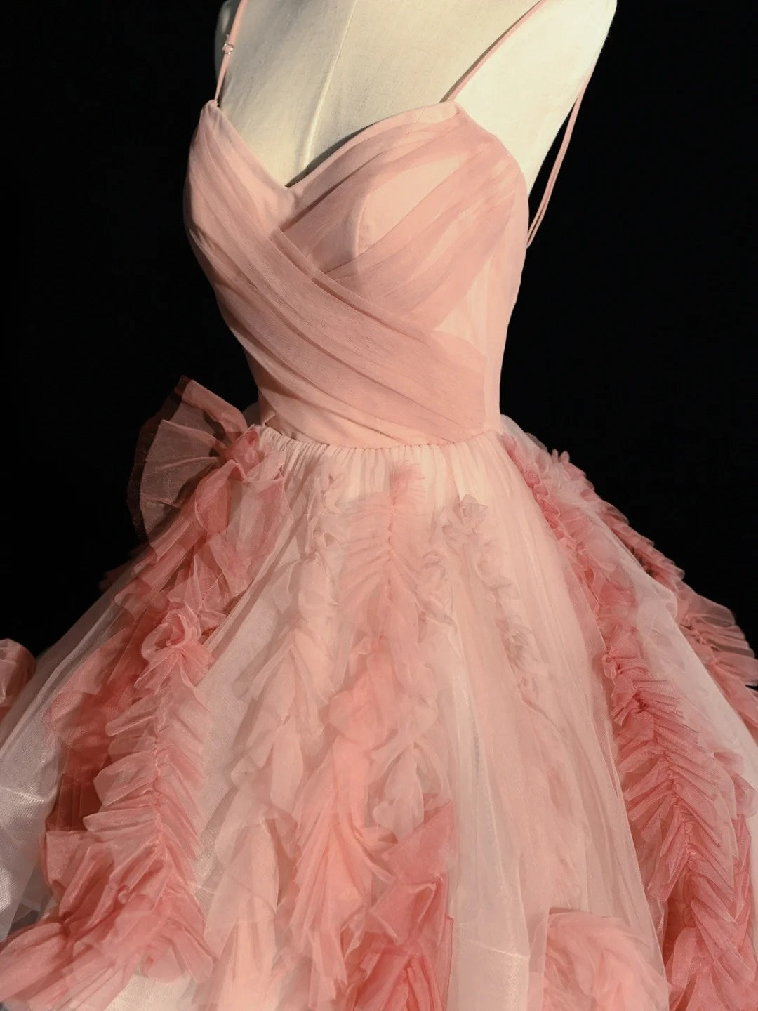 Elegant Ball Gown Spaghetti Strap Pink Tulle Inspiration Long Prom Dresses N1233