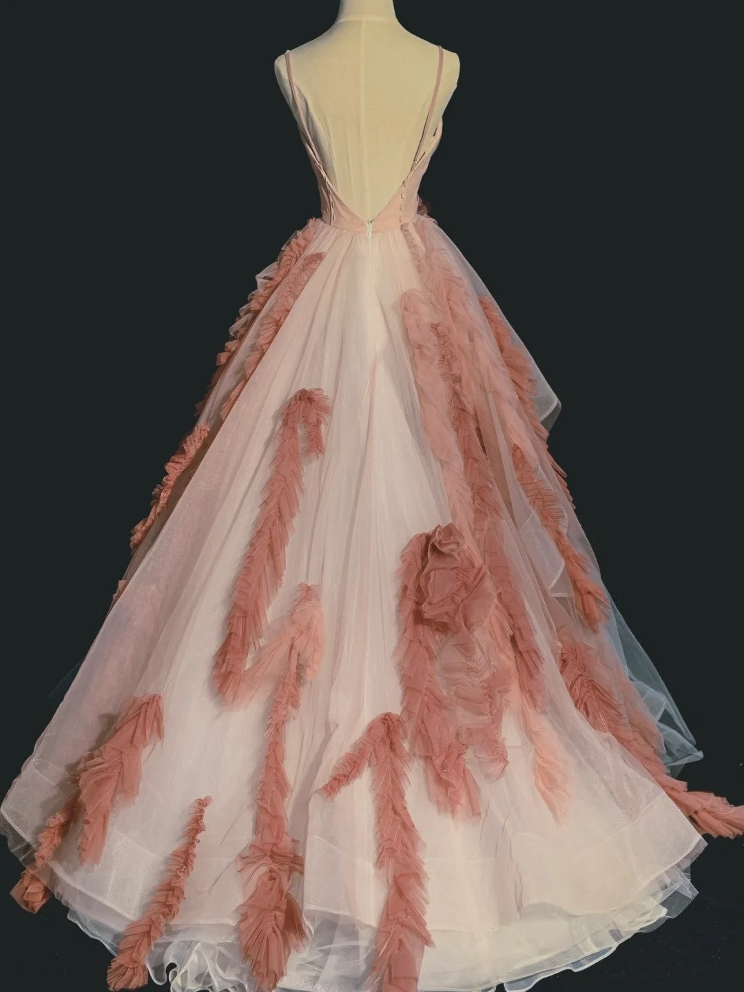 Elegant Ball Gown Spaghetti Strap Pink Tulle Inspiration Long Prom Dresses N1233