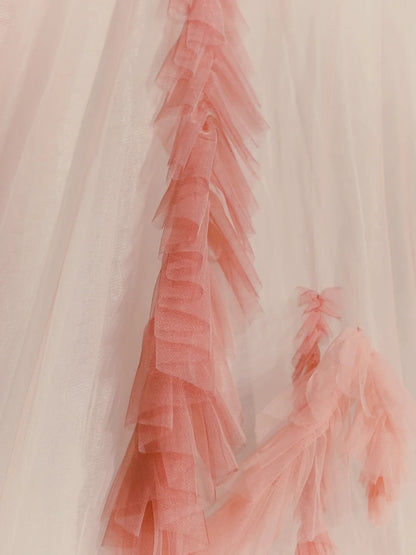 Elegant Ball Gown Spaghetti Strap Pink Tulle Inspiration Long Prom Dresses N1233