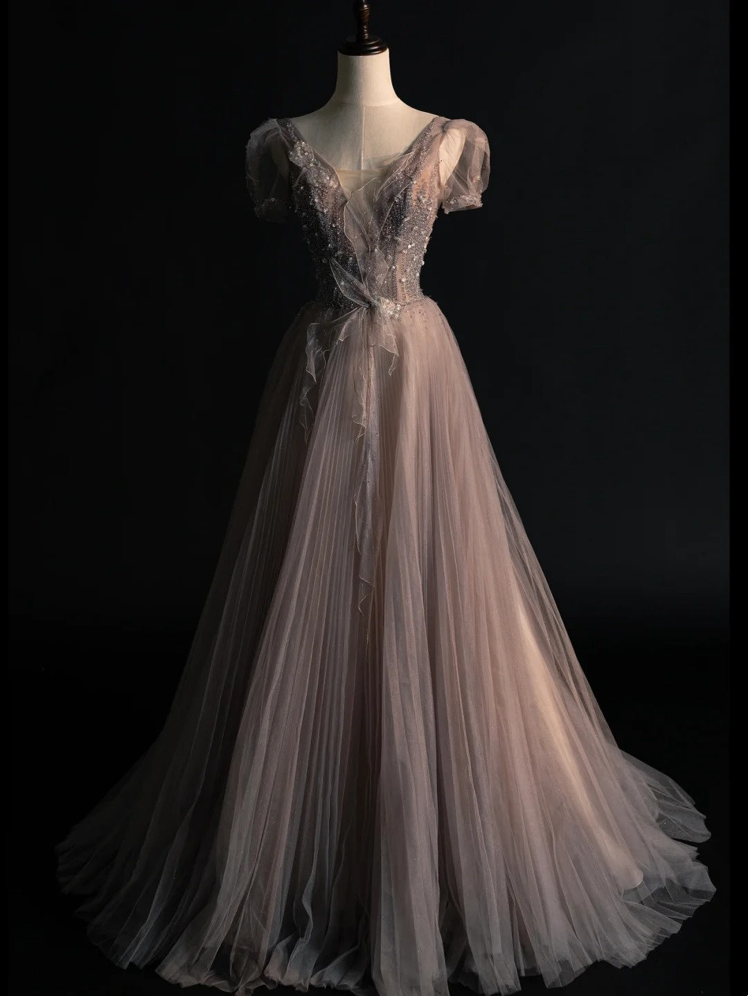 Modest A line V Neck Grey Tulle With Sleeves Beadings College Formal Outfits Long Prom Inspo Graduation Dresses N1234