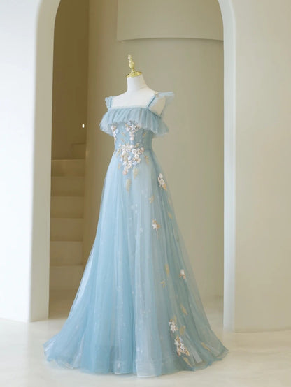 Cute Ball Gown Spaghetti Straps Light Sky Blue Tulle Long Prom Dresses Impress 19th Birthday Outfits Prom Gown AB865