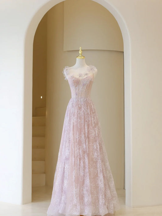 Stylish A line Straps Pink Tulle Lace Long Prom Dresses Inspiration Evening Gowns Formal Party Prom Dress N200