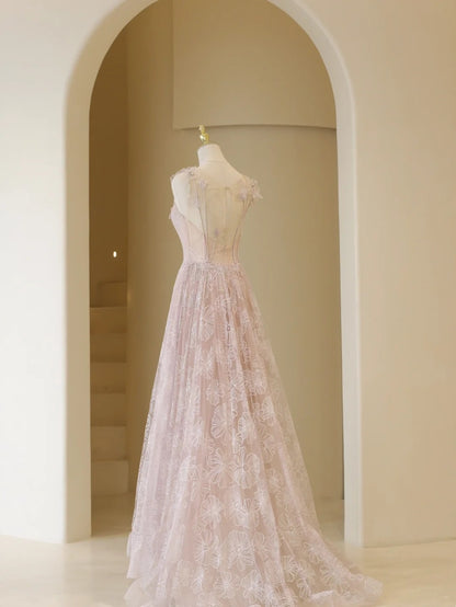 Elegant Ball Gown Lace Pink Tulle Prom Dress Charming Evening Party Gowns Fashion Wedding Guest Dress AB1017
