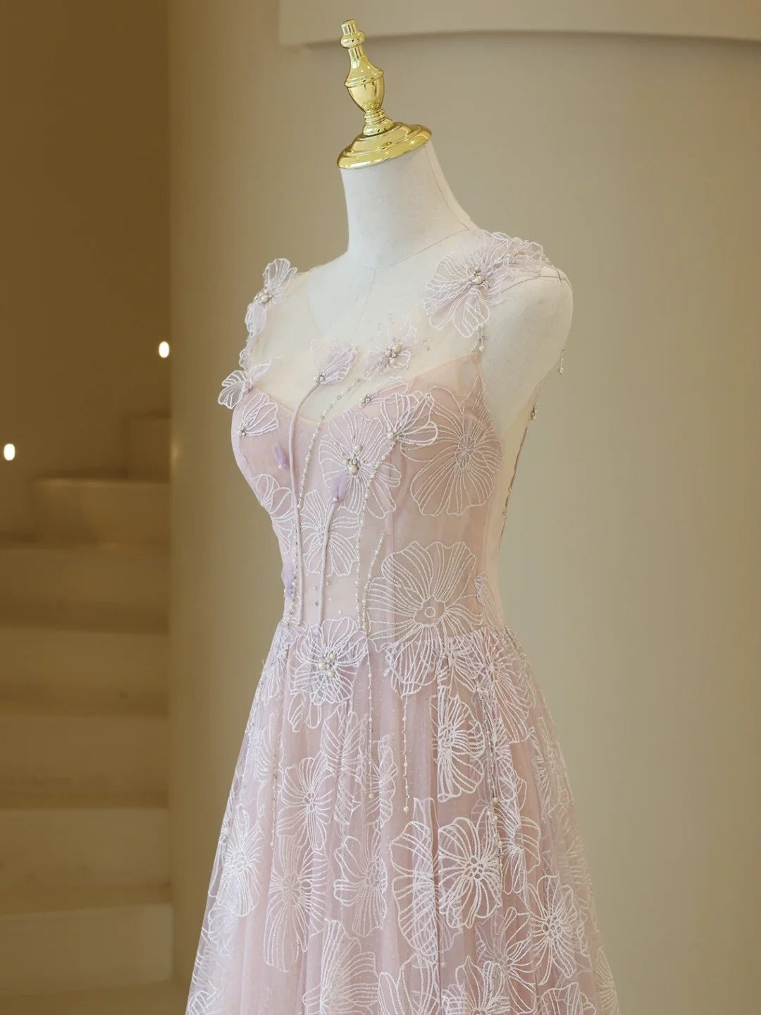Elegant Ball Gown Lace Pink Tulle Prom Dress Charming Evening Party Gowns Fashion Wedding Guest Dress AB1017