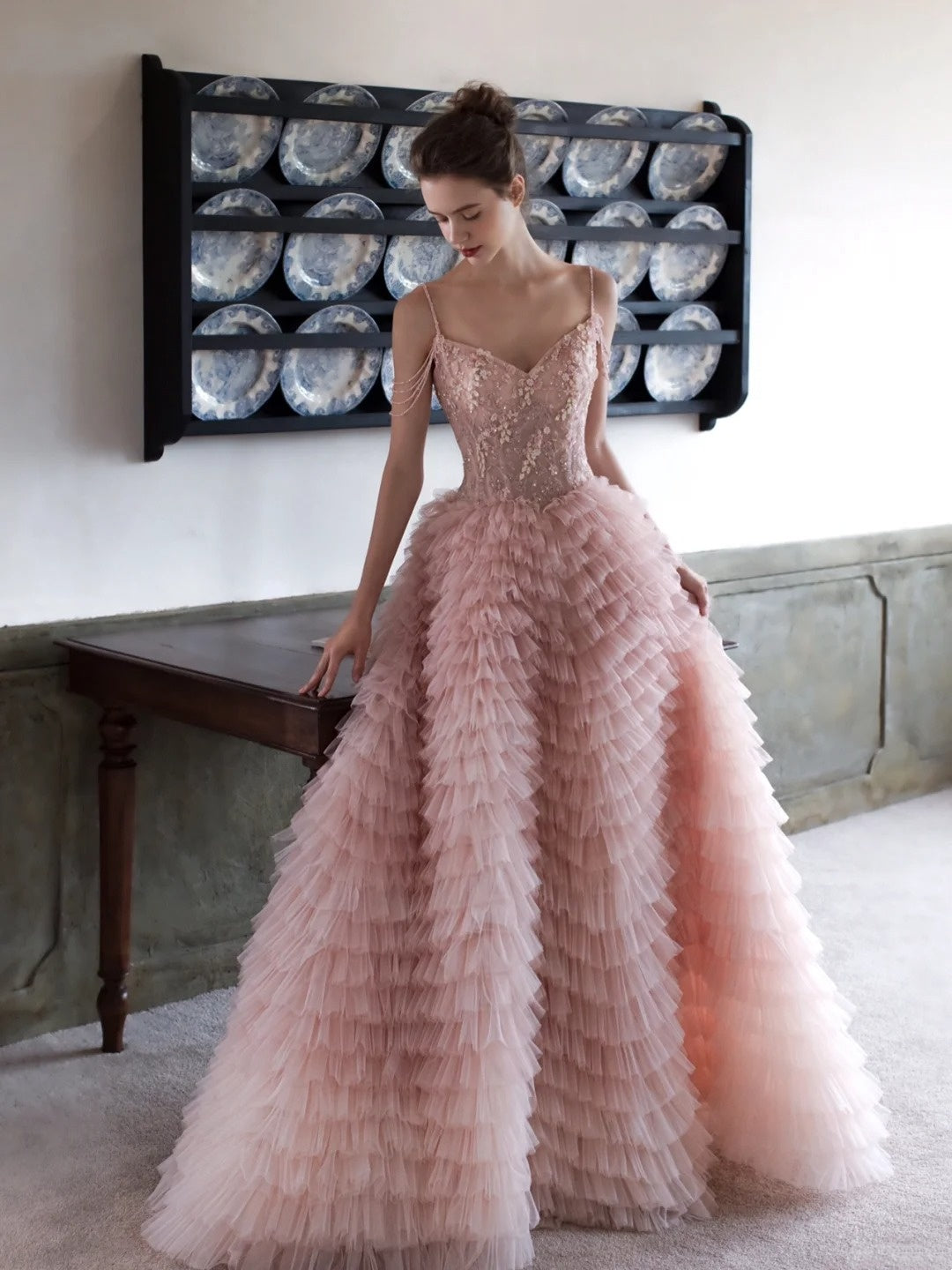 Charming Ball Gown Spaghetti Strap Blush Pink Tulle Long Prom Dresses Inspiration Evening Gowns Formal Party Prom Dress N201