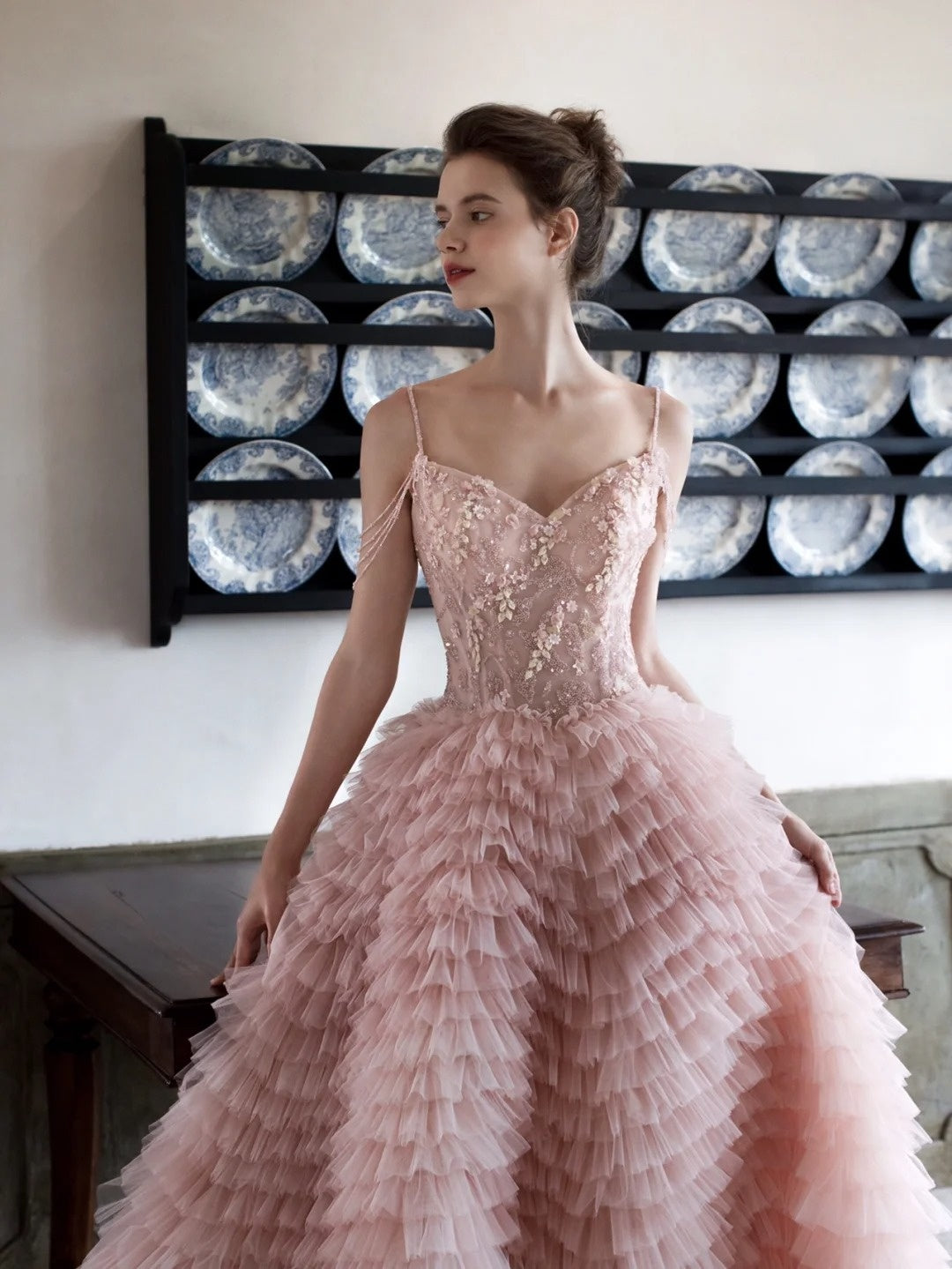 Charming Ball Gown Spaghetti Strap Blush Pink Tulle Long Prom Dresses Inspiration Evening Gowns Formal Party Prom Dress N201