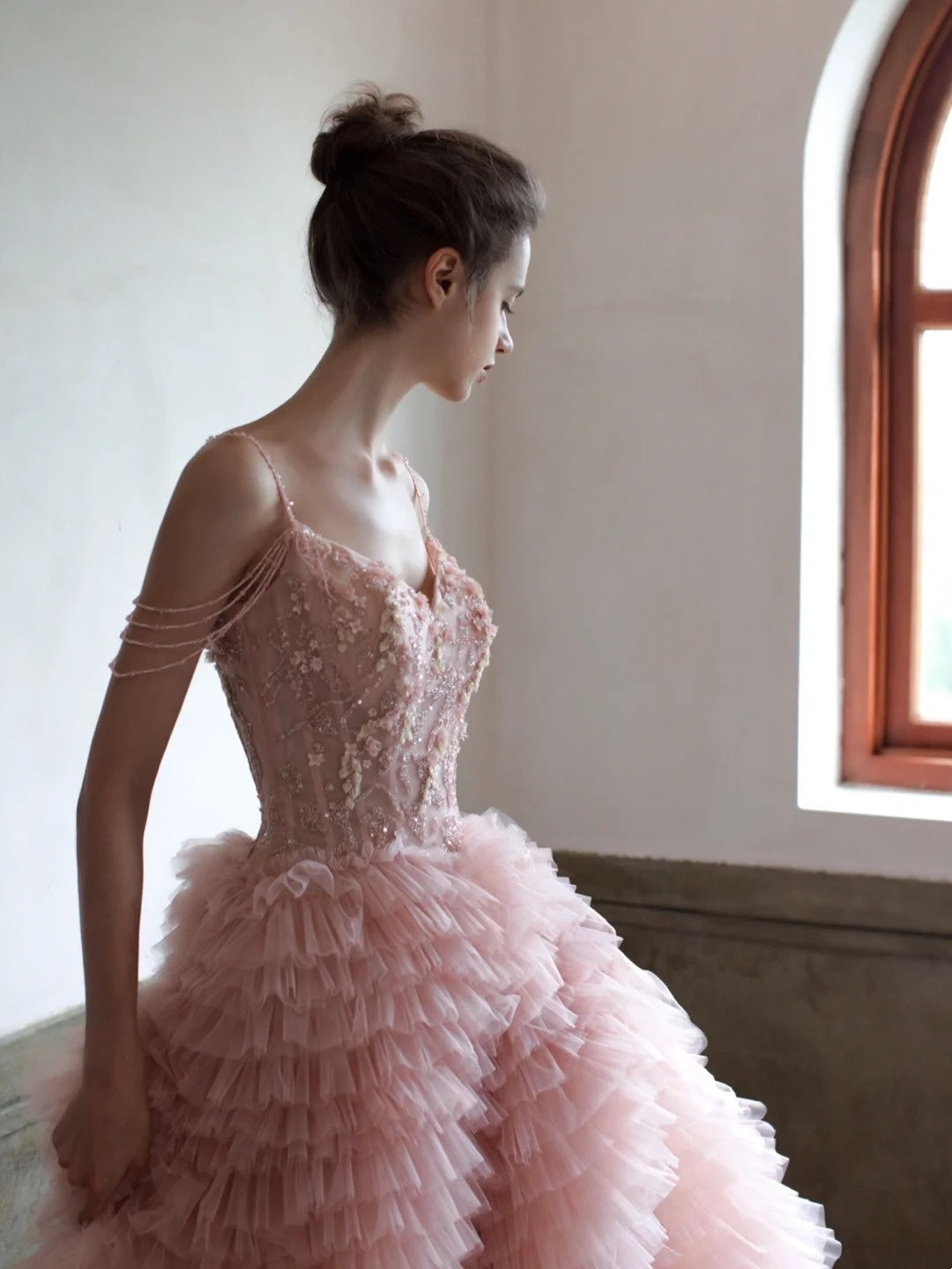Charming Ball Gown Spaghetti Strap Blush Pink Tulle Long Prom Dresses Inspiration Evening Gowns Formal Party Prom Dress N201