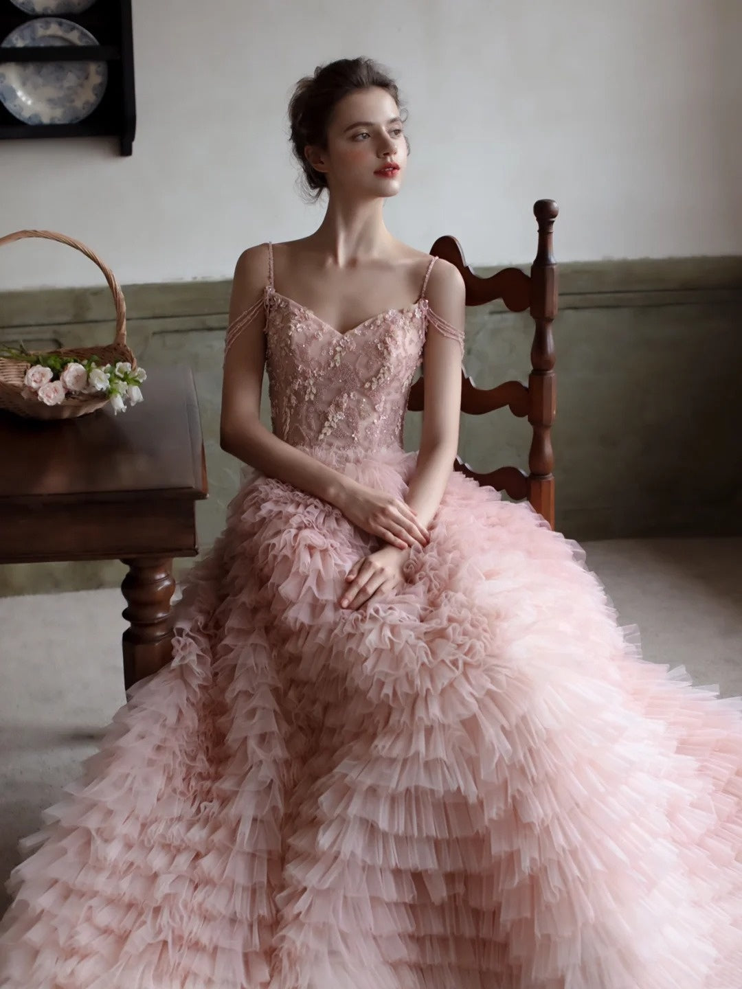 Charming Ball Gown Spaghetti Strap Blush Pink Tulle Long Prom Dresses Inspiration Evening Gowns Formal Party Prom Dress N201