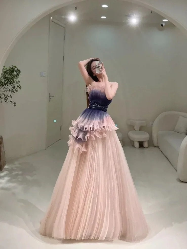 Stylish Ball Gown Strapless Blush Grape Pink Tulle Long Prom Dresses Inspiration Evening Gowns Formal Party Prom Dress N202