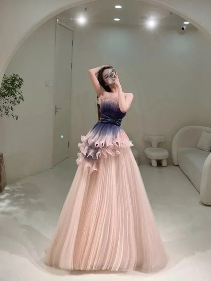 Stylish Ball Gown Strapless Blush Grape Pink Tulle Long Prom Dresses Inspiration Evening Gowns Formal Party Prom Dress N202