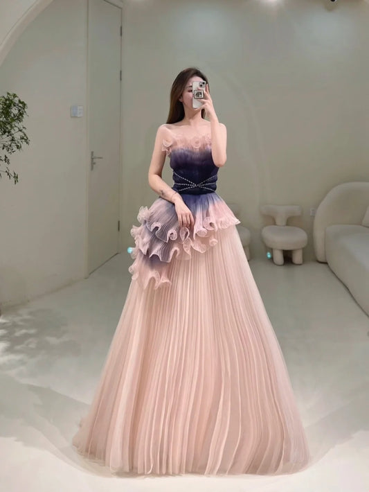 Stylish Ball Gown Strapless Blush Grape Pink Tulle Long Prom Dresses Inspiration Evening Gowns Formal Party Prom Dress N202