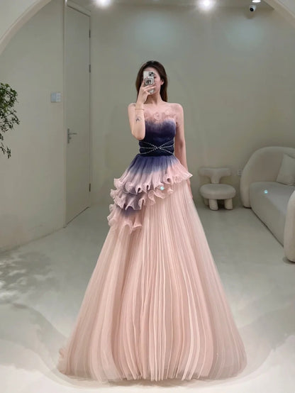 Stylish Ball Gown Strapless Blush Grape Pink Tulle Long Prom Dresses Inspiration Evening Gowns Formal Party Prom Dress N202