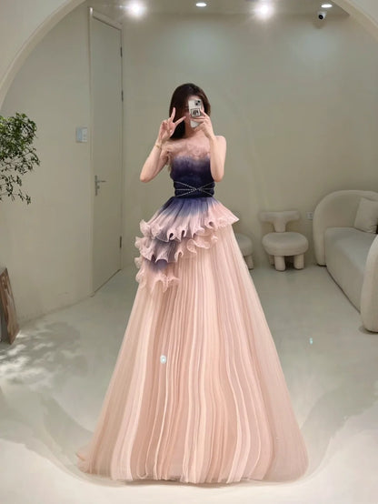 Stylish Ball Gown Strapless Blush Grape Pink Tulle Long Prom Dresses Inspiration Evening Gowns Formal Party Prom Dress N202