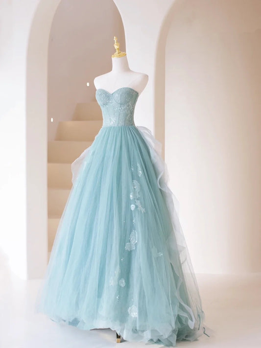 Cute Ball Gown Strapless Light Sky Blue Tulle Long Prom Dresses Impress 19th Birthday Outfits Prom Gown N203