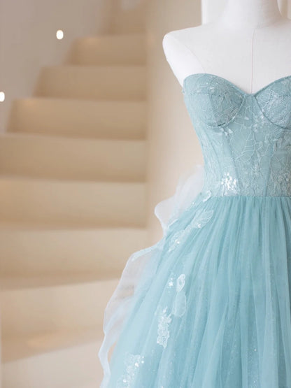 Cute Ball Gown Strapless Light Sky Blue Tulle Long Prom Dresses Impress 19th Birthday Outfits Prom Gown N203