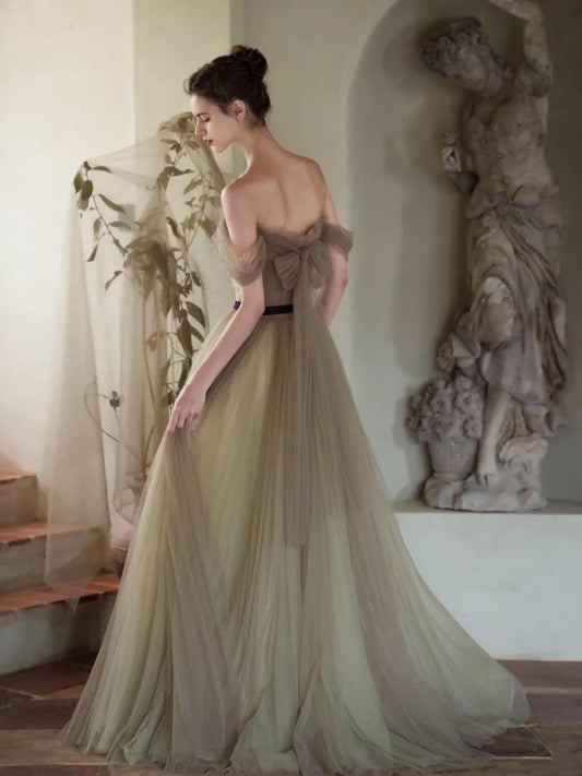 Cute Ball Gown Off The Shoulder Olive Green Tulle Long Prom Dresses Impress 18th Birthday Outfits Prom Gown A858