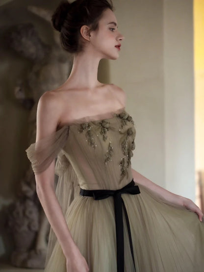 Cute Ball Gown Off The Shoulder Olive Green Tulle Long Prom Dresses Impress 18th Birthday Outfits Prom Gown A858