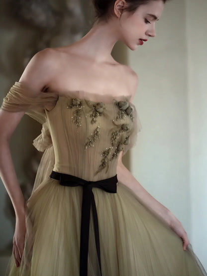 Cute Ball Gown Off The Shoulder Olive Green Tulle Long Prom Dresses Impress 18th Birthday Outfits Prom Gown A858