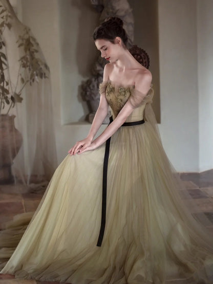 Cute Ball Gown Off The Shoulder Olive Green Tulle Long Prom Dresses Impress 18th Birthday Outfits Prom Gown A858