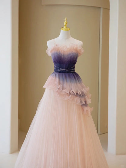 Stylish Ball Gown Strapless Blush Grape Pink Tulle Long Prom Dresses Inspiration Evening Gowns Formal Party Prom Dress N202