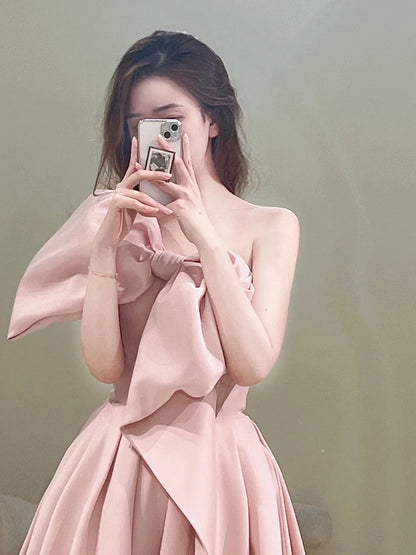 Cute A Line Strapless Pink Satin With Bow-knot Long Prom Dresses Impress 18th Birthday Outfits Prom Gown N301