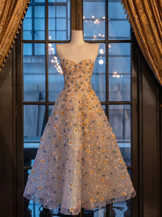 Cute Ball Gown Sweetheart Floral Tulle Tea Length Prom Dresses Formal Gowns Inspo Evening Outfit N303