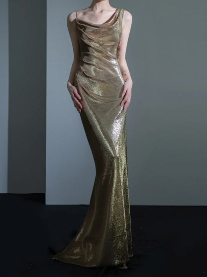 Sparkle Mermaid Asymmetrical Shoulder Straps Champagne Sequin Long Prom Dresses Impress 18th Birthday Outfits Prom Gown RB1879