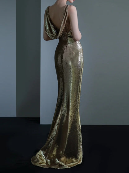 Sparkle Mermaid Asymmetrical Shoulder Straps Champagne Sequin Long Prom Dresses Impress 18th Birthday Outfits Prom Gown RB1879