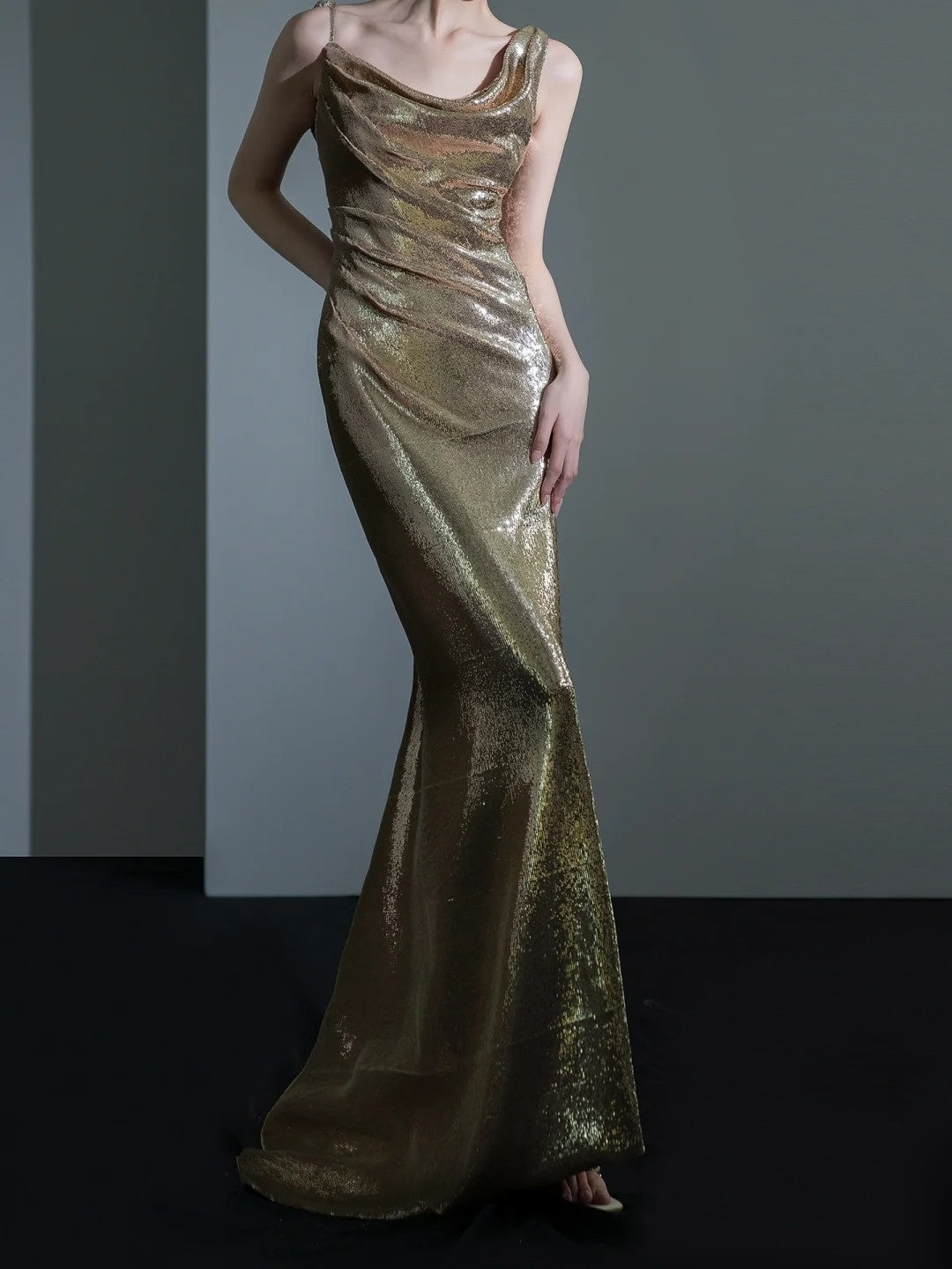 Sparkle Mermaid Asymmetrical Shoulder Straps Champagne Sequin Long Prom Dresses Impress 18th Birthday Outfits Prom Gown RB1879