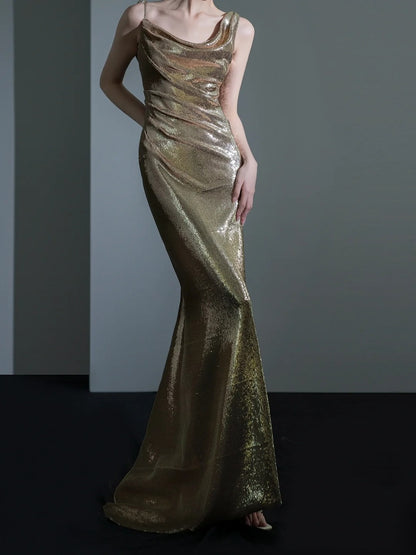 Sparkle Mermaid Asymmetrical Shoulder Straps Champagne Sequin Long Prom Dresses Impress 18th Birthday Outfits Prom Gown RB1879