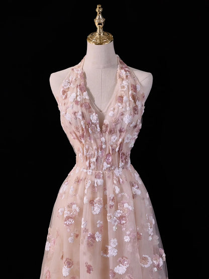 Pretty A line Halter Blush Pink Lace Prom Dresses Formal Dress 18th Birthday Outfits Party Gowns N211