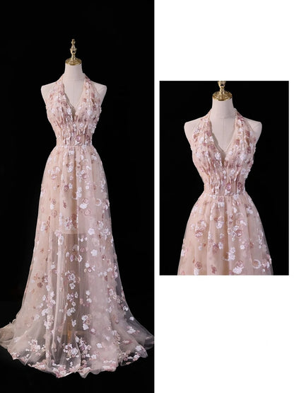 Pretty A line Halter Blush Pink Lace Prom Dresses Formal Dress 18th Birthday Outfits Party Gowns N211