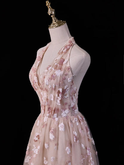 Pretty A line Halter Blush Pink Lace Prom Dresses Formal Dress 18th Birthday Outfits Party Gowns N211