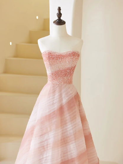 Elegant Ball Gown Strapless Pink Tulle Prom Dress Charming Evening Party Gowns Fashion Wedding Guest Dress AB1015