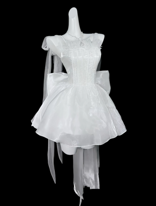 Cute Ball Gowns Spaghetti Strap White Short With Bow-knot Mini Party Dress Homecoming Dresses N4308