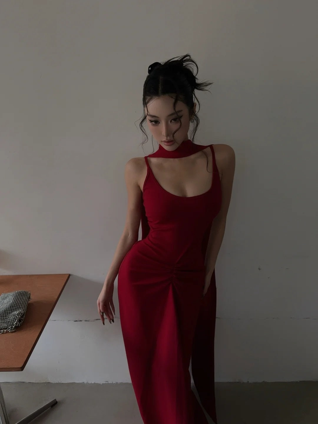 Unique Mermaid Spaghetti Strap Bright Red With Scarf Long Prom Dresses Inspiration Prom Gowns Formal Prom Dress N463