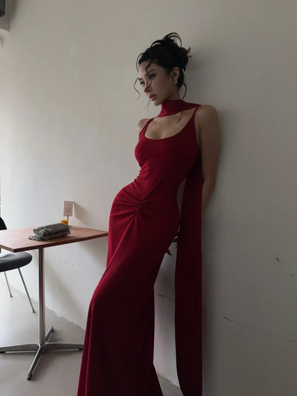 Unique Mermaid Spaghetti Strap Bright Red With Scarf Long Prom Dresses Inspiration Prom Gowns Formal Prom Dress N463