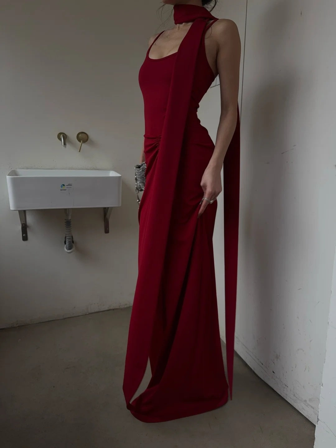 Unique Mermaid Spaghetti Strap Bright Red With Scarf Long Prom Dresses Inspiration Prom Gowns Formal Prom Dress N463