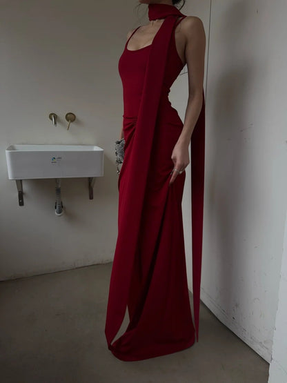 Unique Mermaid Spaghetti Strap Bright Red With Scarf Long Prom Dresses Inspiration Prom Gowns Formal Prom Dress N463