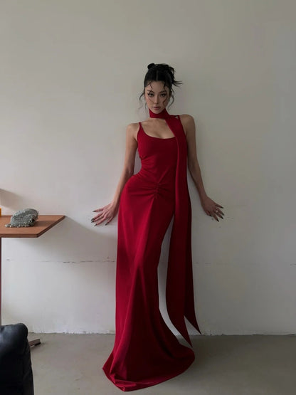 Unique Mermaid Spaghetti Strap Bright Red With Scarf Long Prom Dresses Inspiration Prom Gowns Formal Prom Dress N463