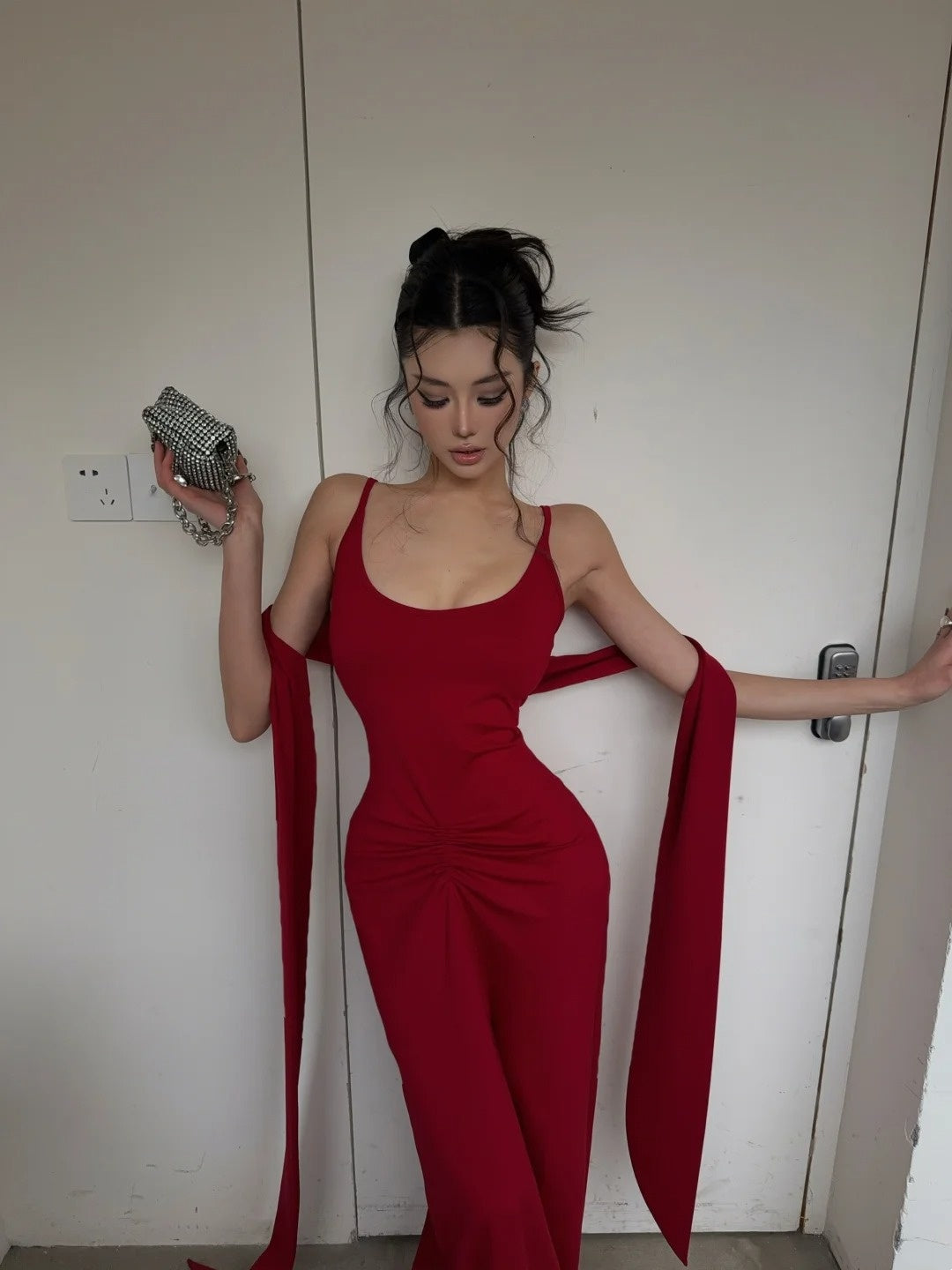Unique Mermaid Spaghetti Strap Bright Red With Scarf Long Prom Dresses Inspiration Prom Gowns Formal Prom Dress N463