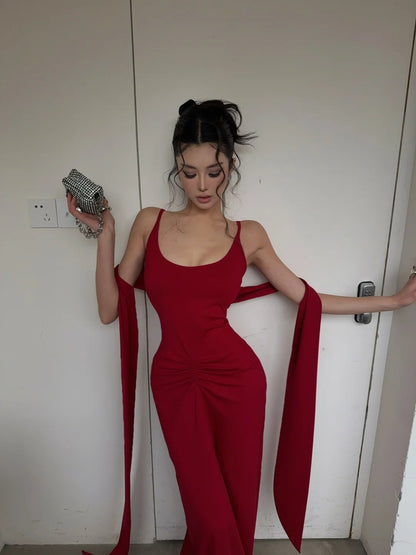 Unique Mermaid Spaghetti Strap Bright Red With Scarf Long Prom Dresses Inspiration Prom Gowns Formal Prom Dress N463