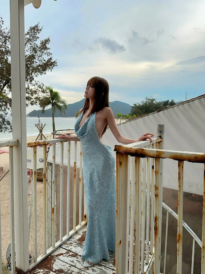 Glittery Mermaid Halter Light Blue With Backless Sequin Long Prom Dresses Inspiration 18th Birthday Outfits Formal Evening Dress N468