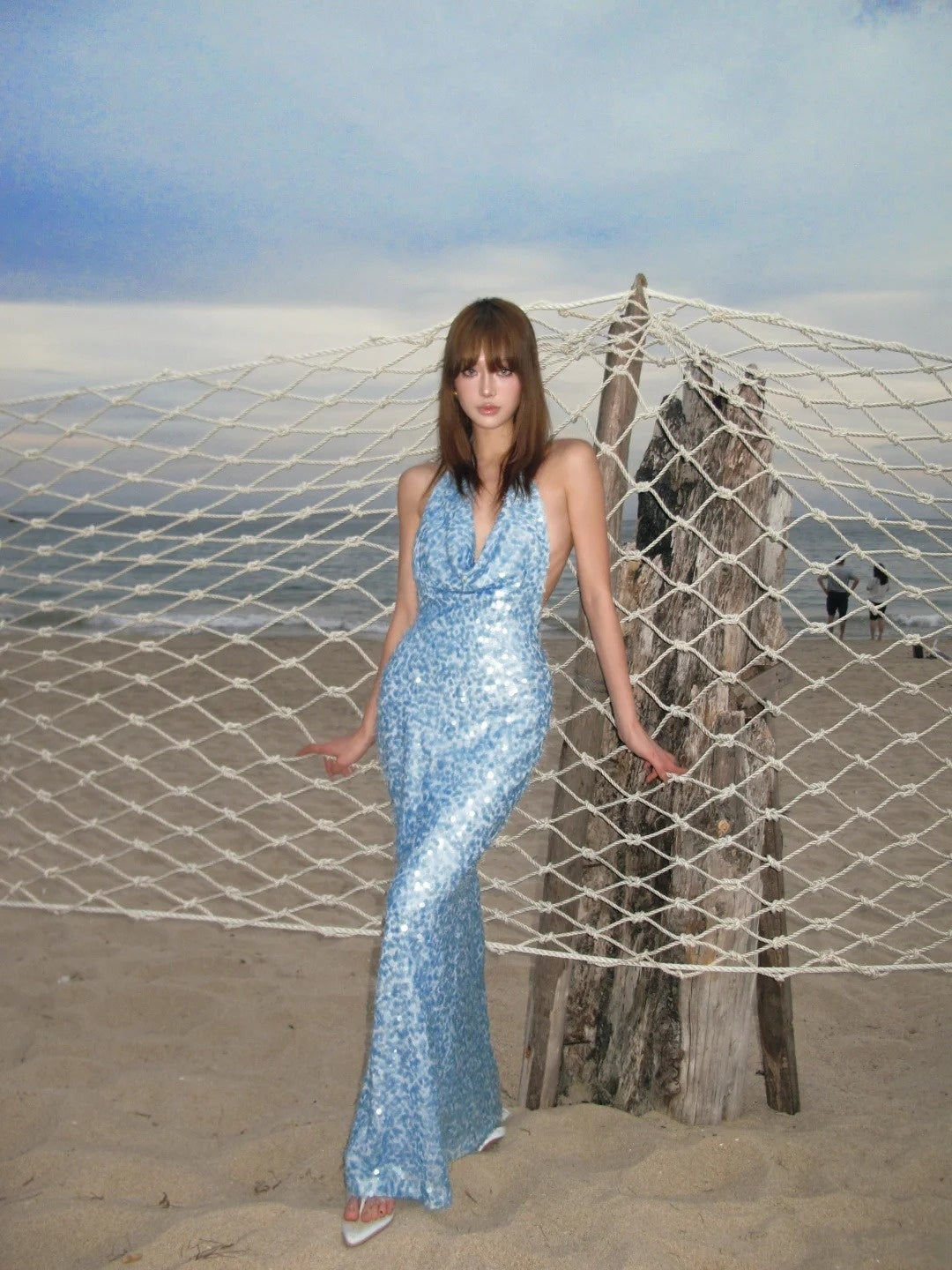 Glittery Mermaid Halter Light Blue With Backless Sequin Long Prom Dresses Inspiration 18th Birthday Outfits Formal Evening Dress N468